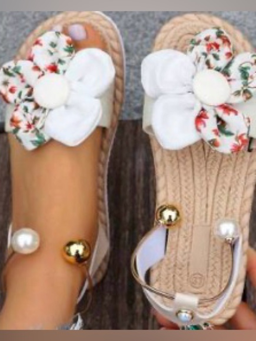 White Floral Bow Flat Sandals for Women size 42 size 8.5